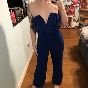 Navy blue strapless jumpsuit with wide leg